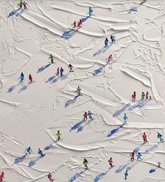 Textured Painting - Skier on Snowy Mountain Wall Art Sport White Snow Skiing Room Decor by Knife 04 texture